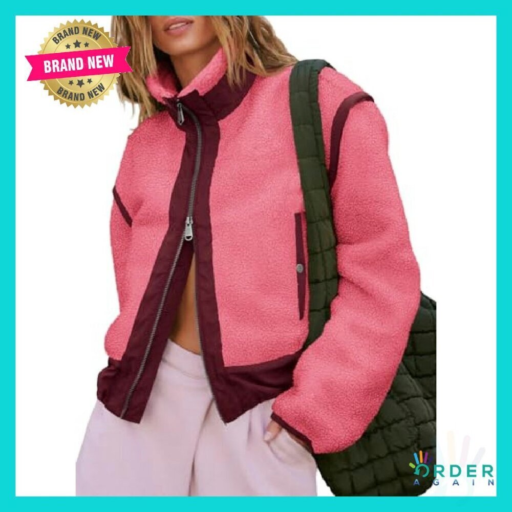 Cropped Zip Up Fleece Jacket Stand Collar Sherpa Teddy Outerwear Chic Winter - Picture 2 of 6